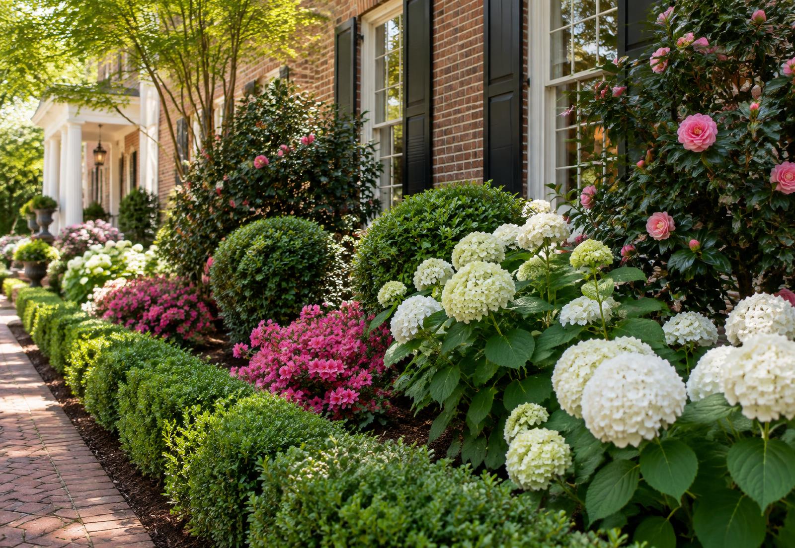 Hydrangea and azalea border along a brick walkway