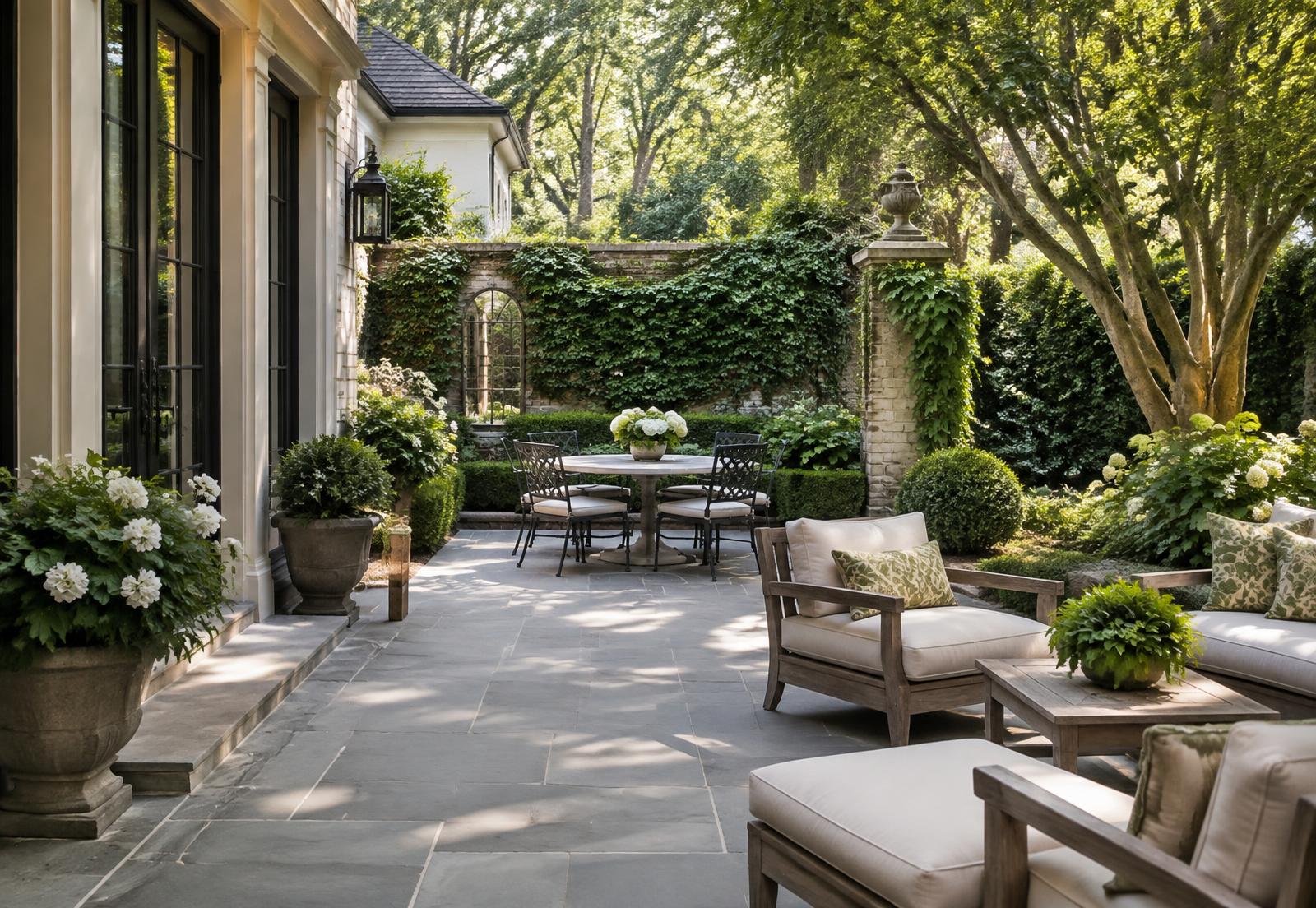 Stone patio with container plantings and a vine-covered garden wall