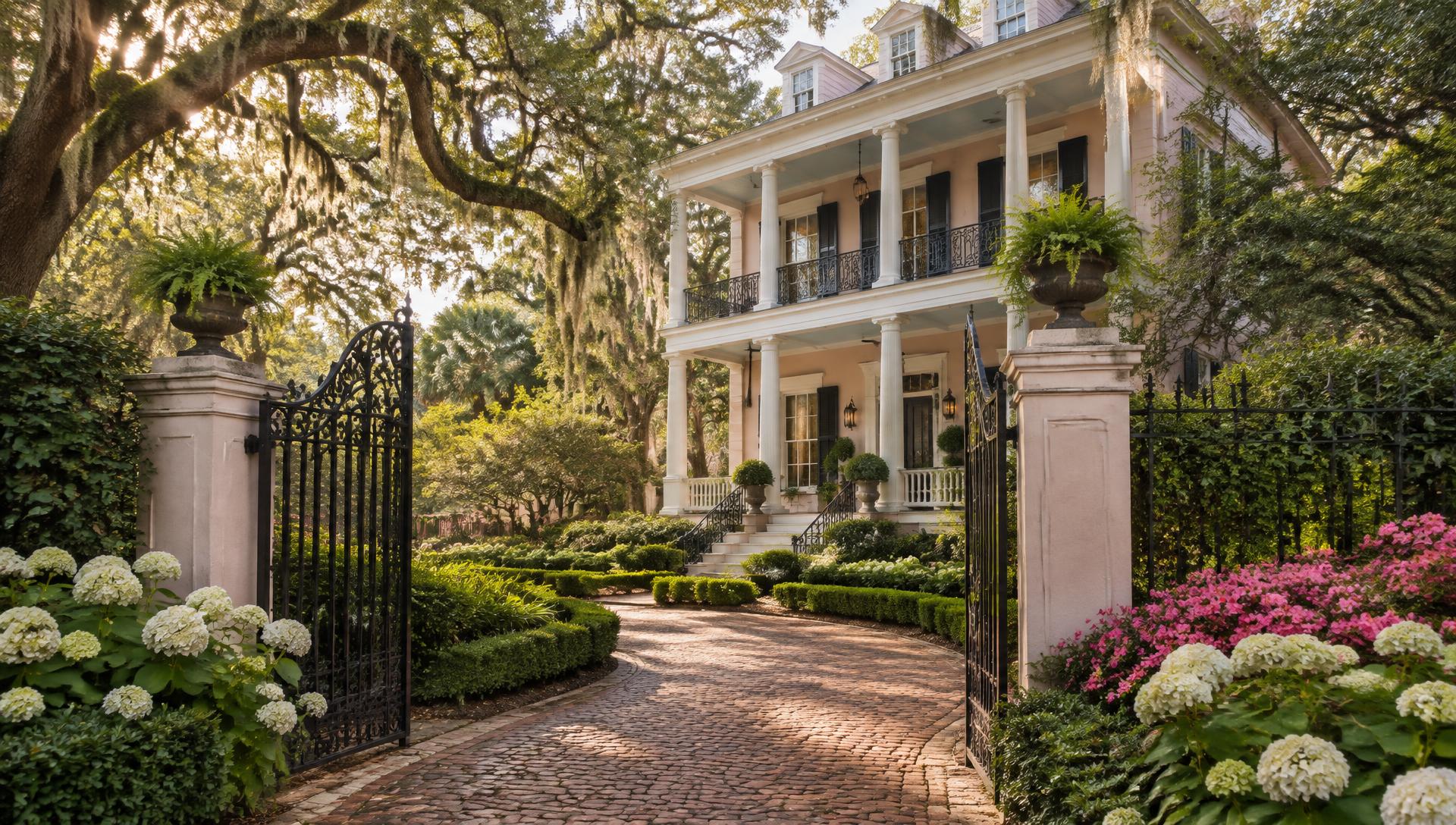 Historic Mount Pleasant home behind an iron gate, framed by a lush southern garden